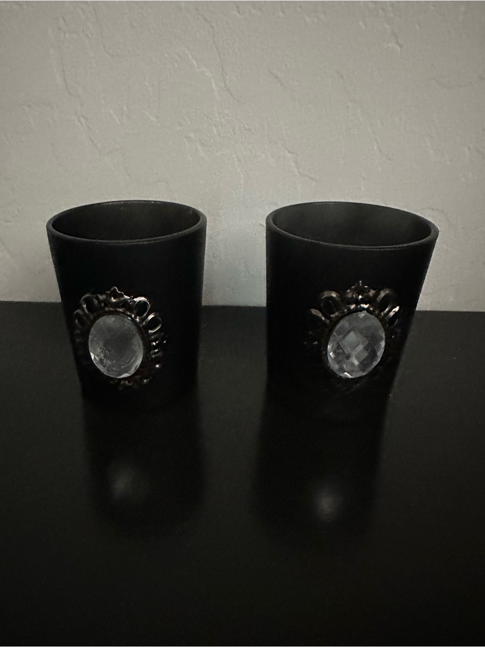 Source Unknown Black Votive Holders with Clear Faceted Gem Accents